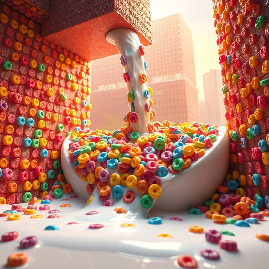 Vibrant Cereal Waterfall in Futuristic Lego Landscape