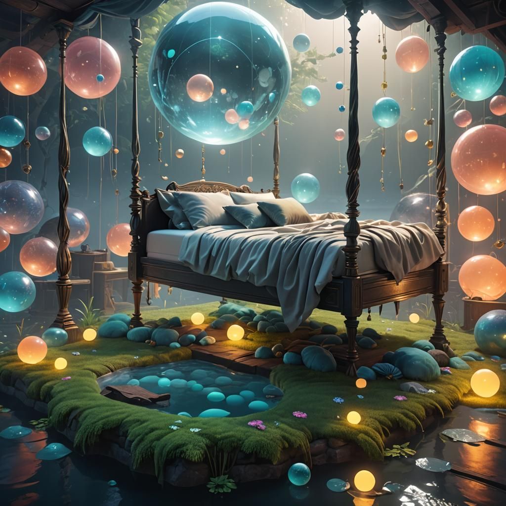 Surreal Floating Bed Dreamscape in Anime Style