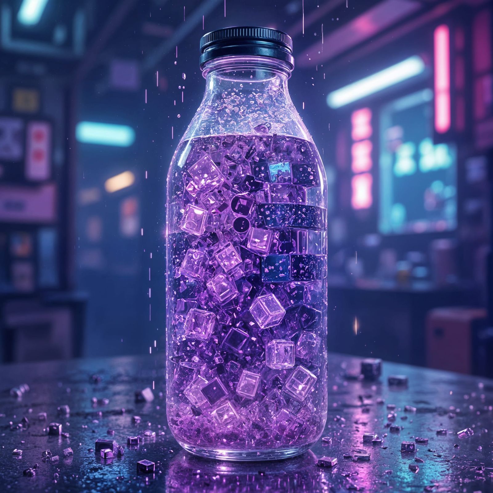 Glitching Temporal Soda Bottle in Cyberpunk Style