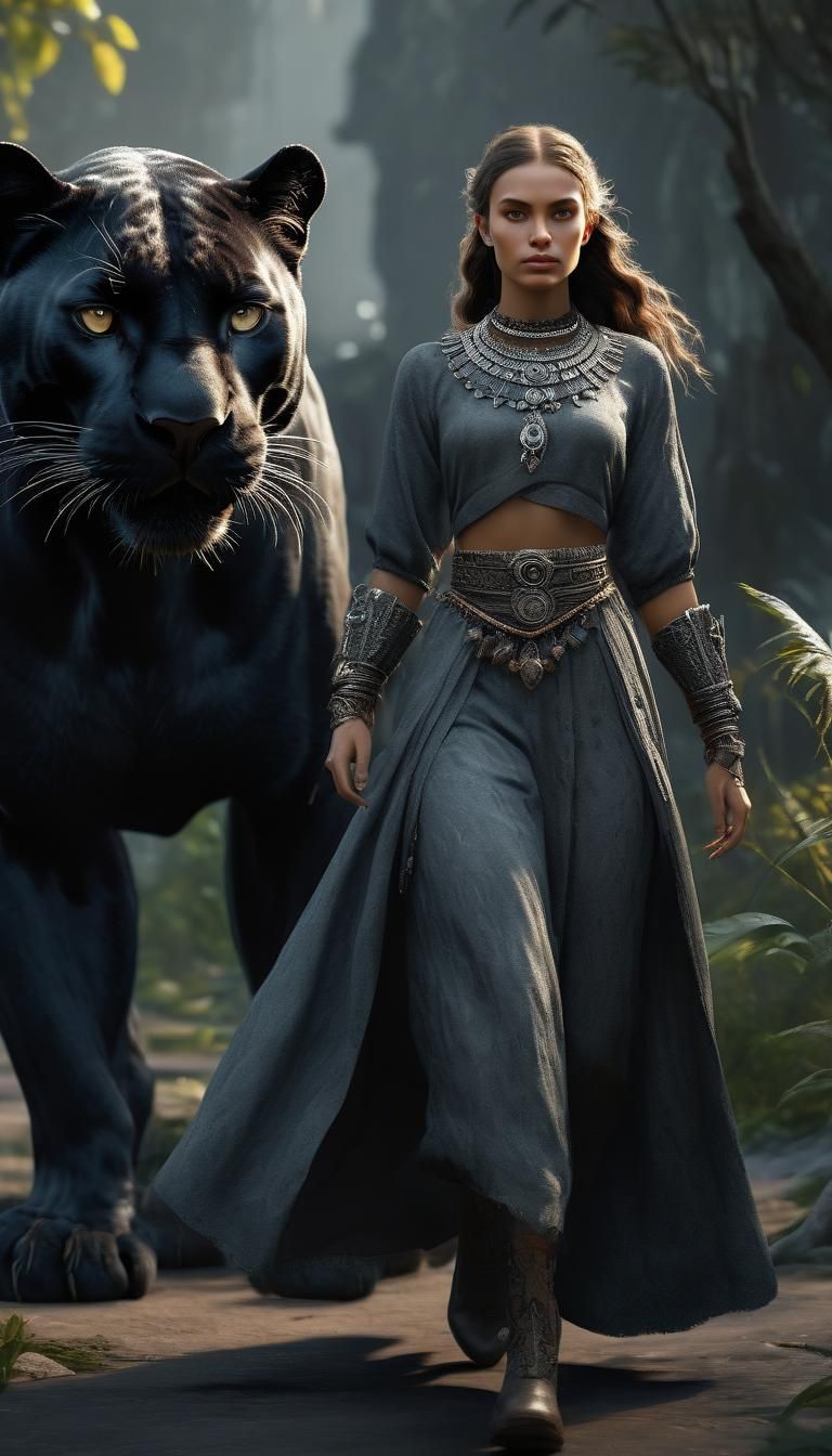 Slavic Girl and Black Panther in Fantasy Art