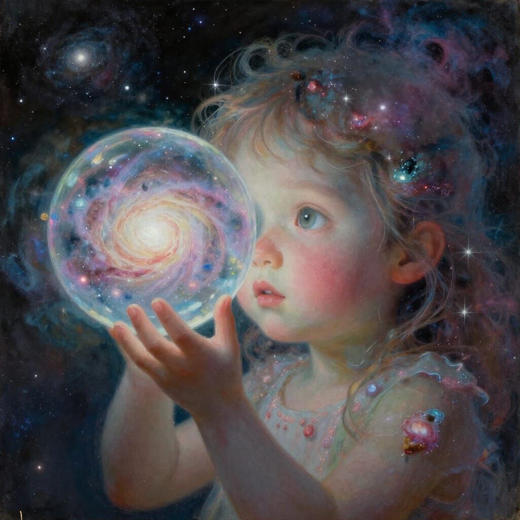 Cosmic Giant Gazes Through Swirling Galaxies in Painterly St...