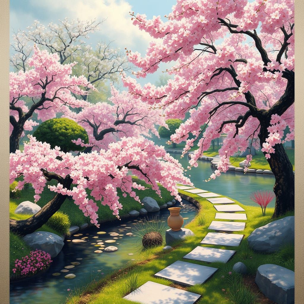 Impressionist Spring Garden Scene in Japanese Style Oil Pain...