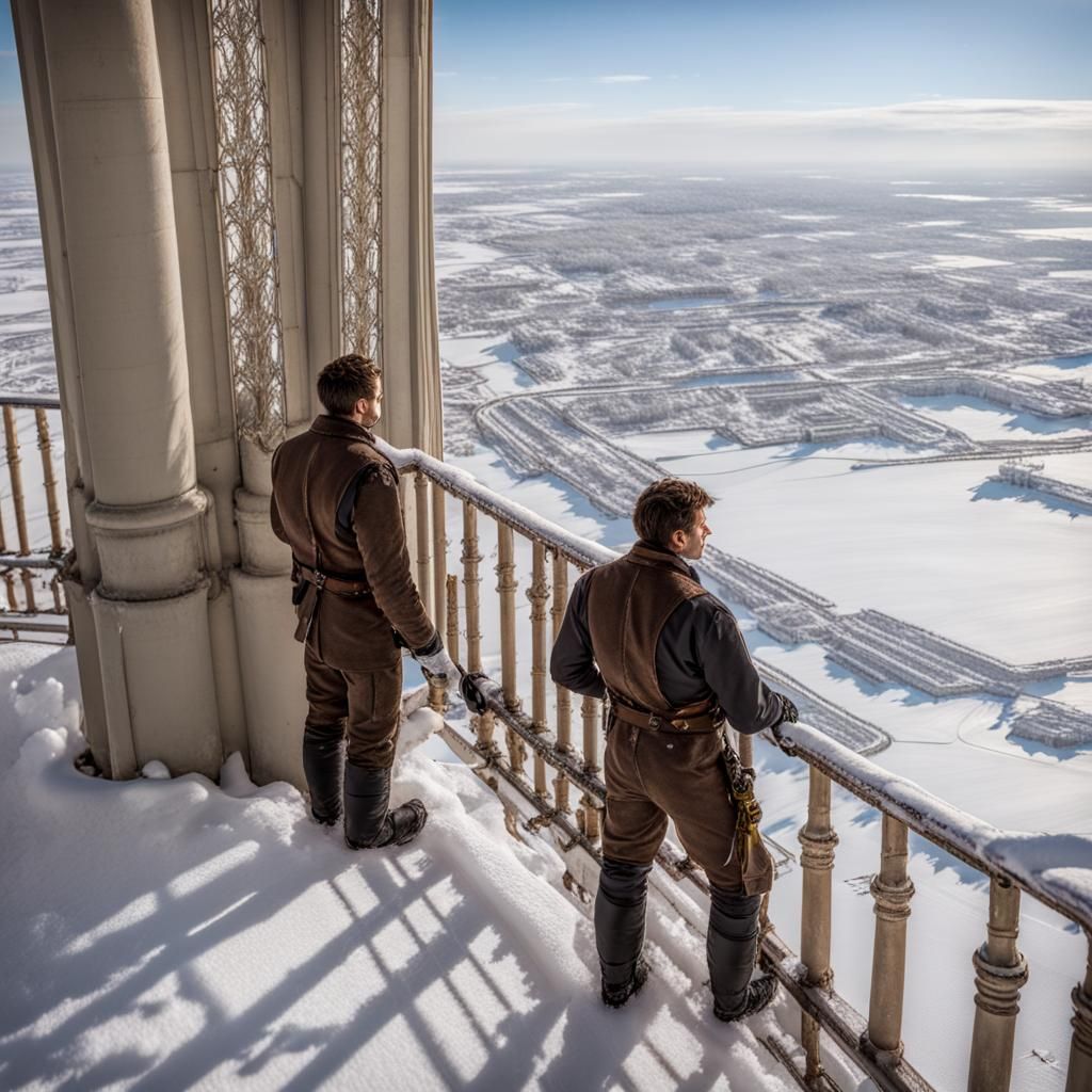 Shifter Males Survey Snow Field from Palace Balcony