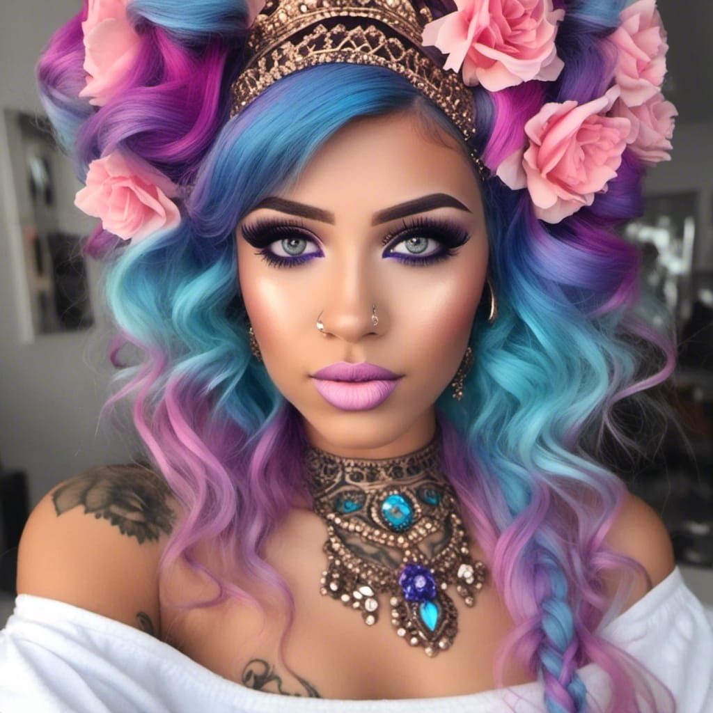 Woman with Colorful Hair and Henna Tattoos