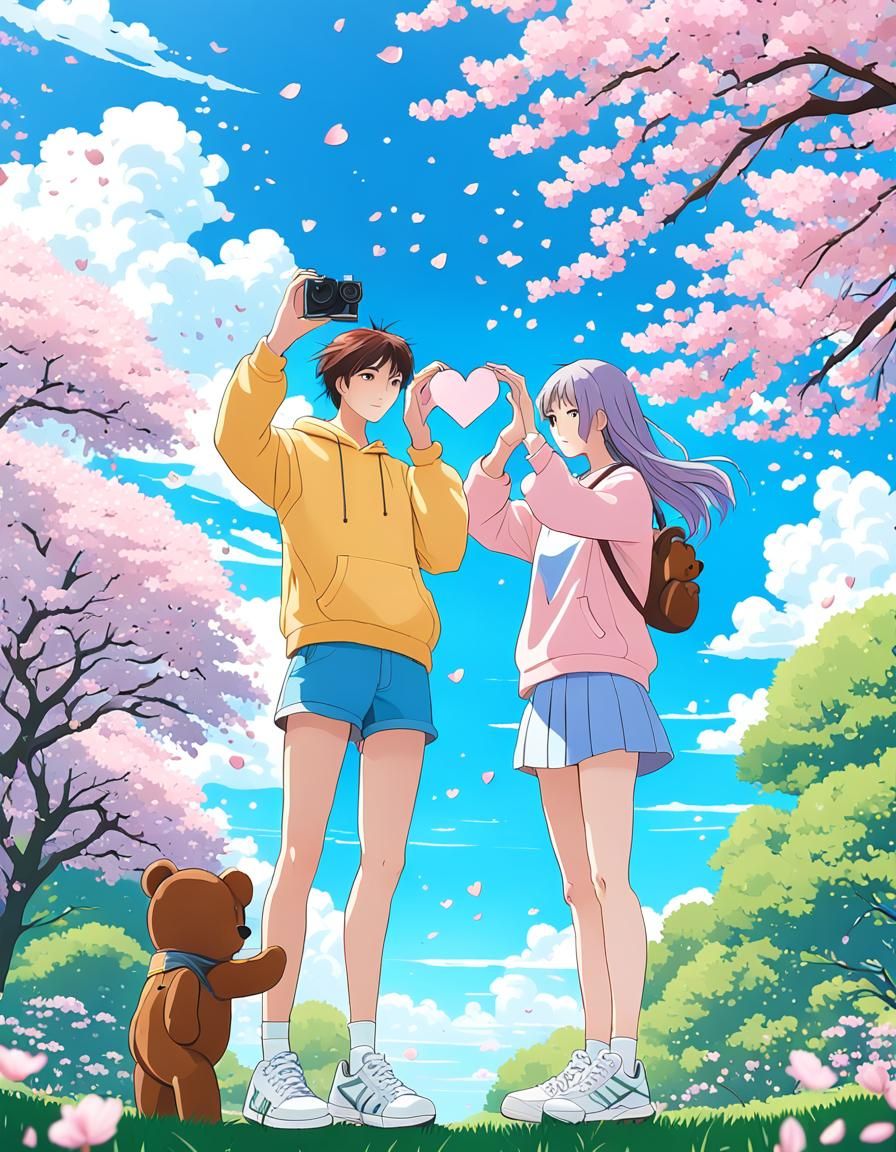 Anime Studio Ghibli style scene of a couple under a cherry blossom tree with falling petals.