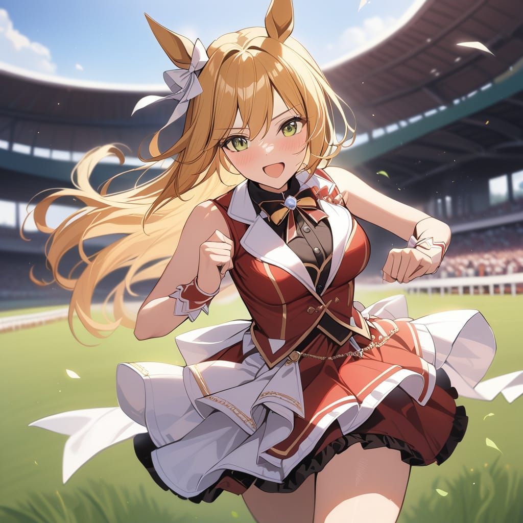 Happy Horse-Girl Running on Racetrack in Red Dress