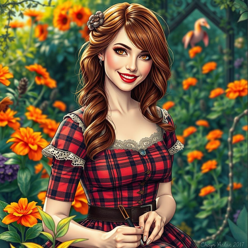 Woman Writing in Lush Garden in Alcohol Ink Style