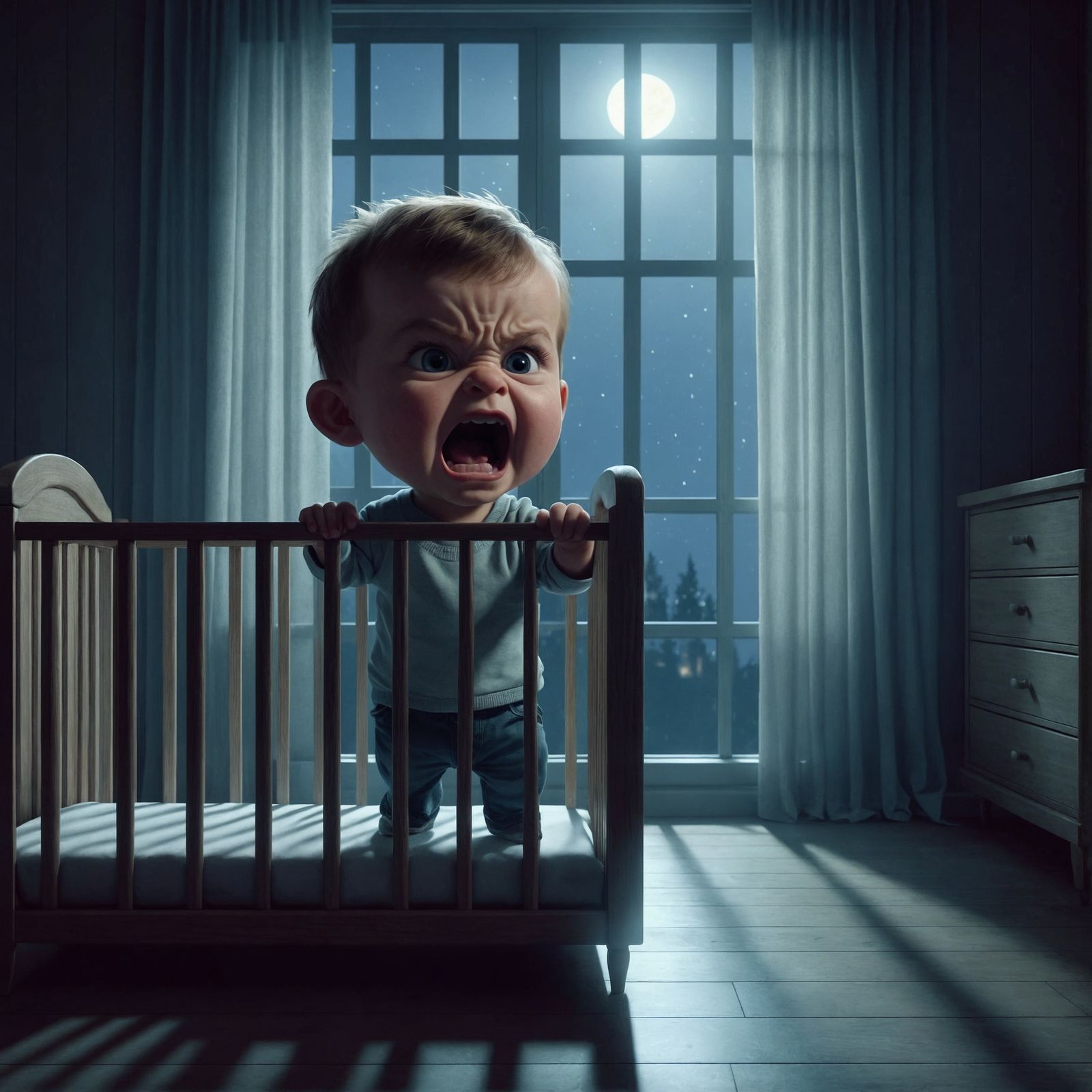 3D Toddler Animation: Extreme Anger in Nighttime Crib