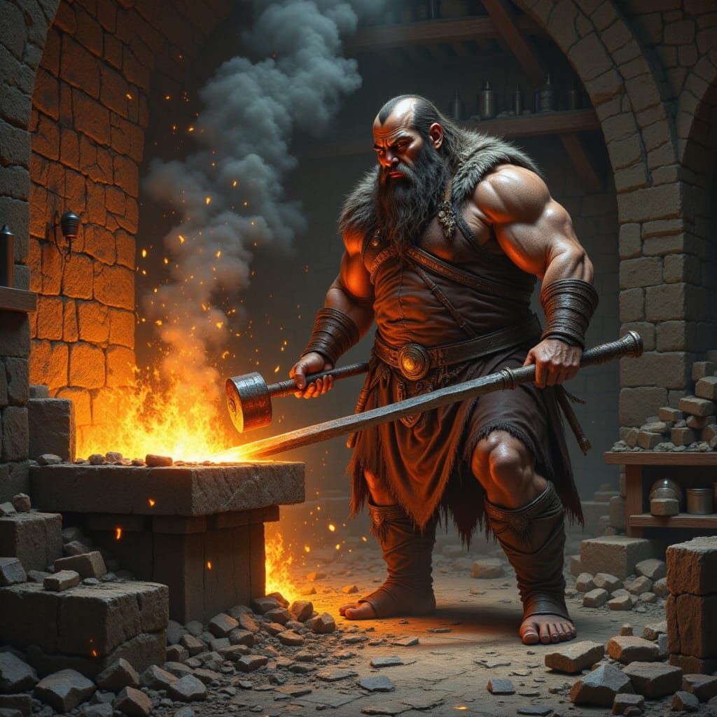 Dwarven Blacksmith Forging Blade in Hyperdetailed Fantasy St...