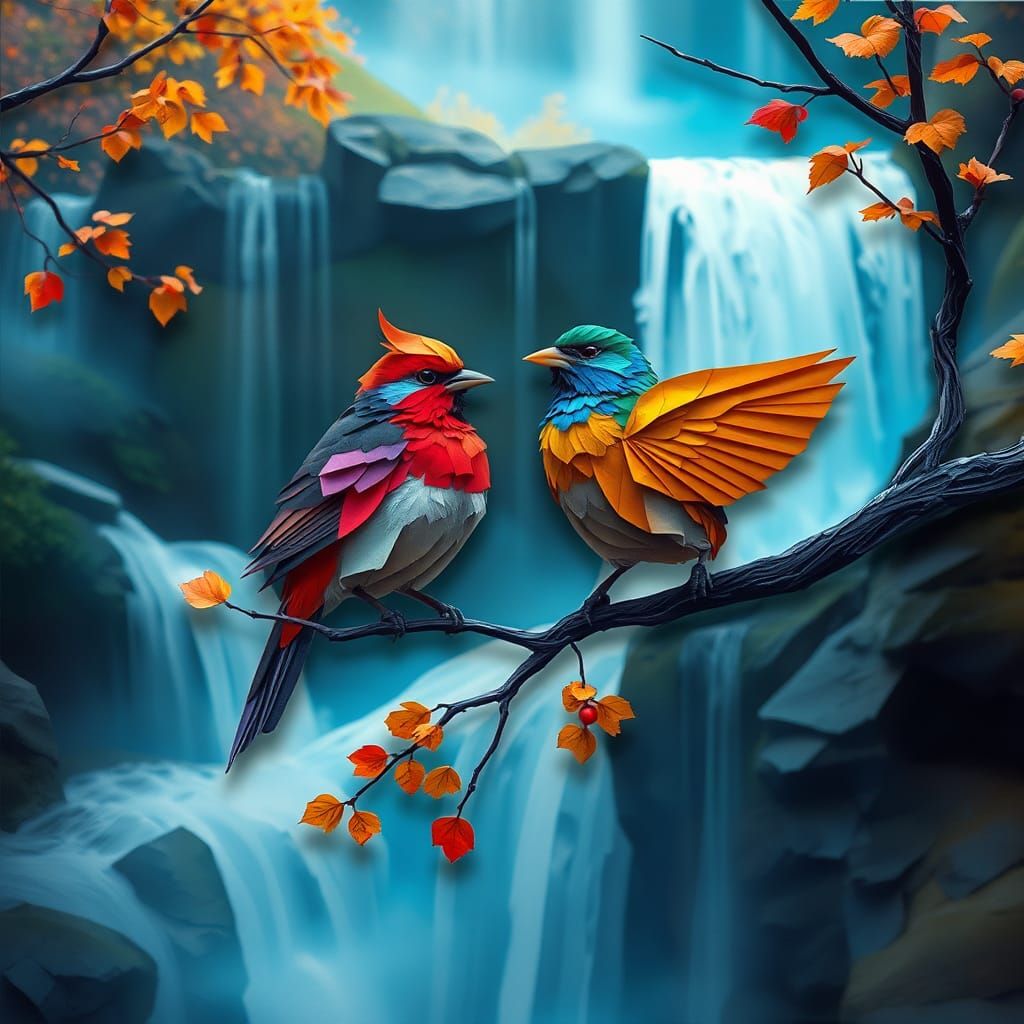 Birds on Branch in Autumnal Waterfall
