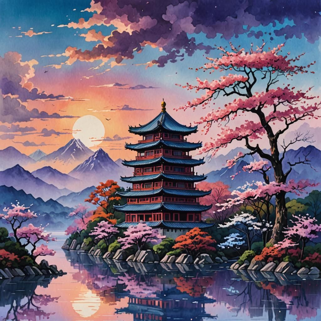 Chinese Building at Sunset: Gouache Painting