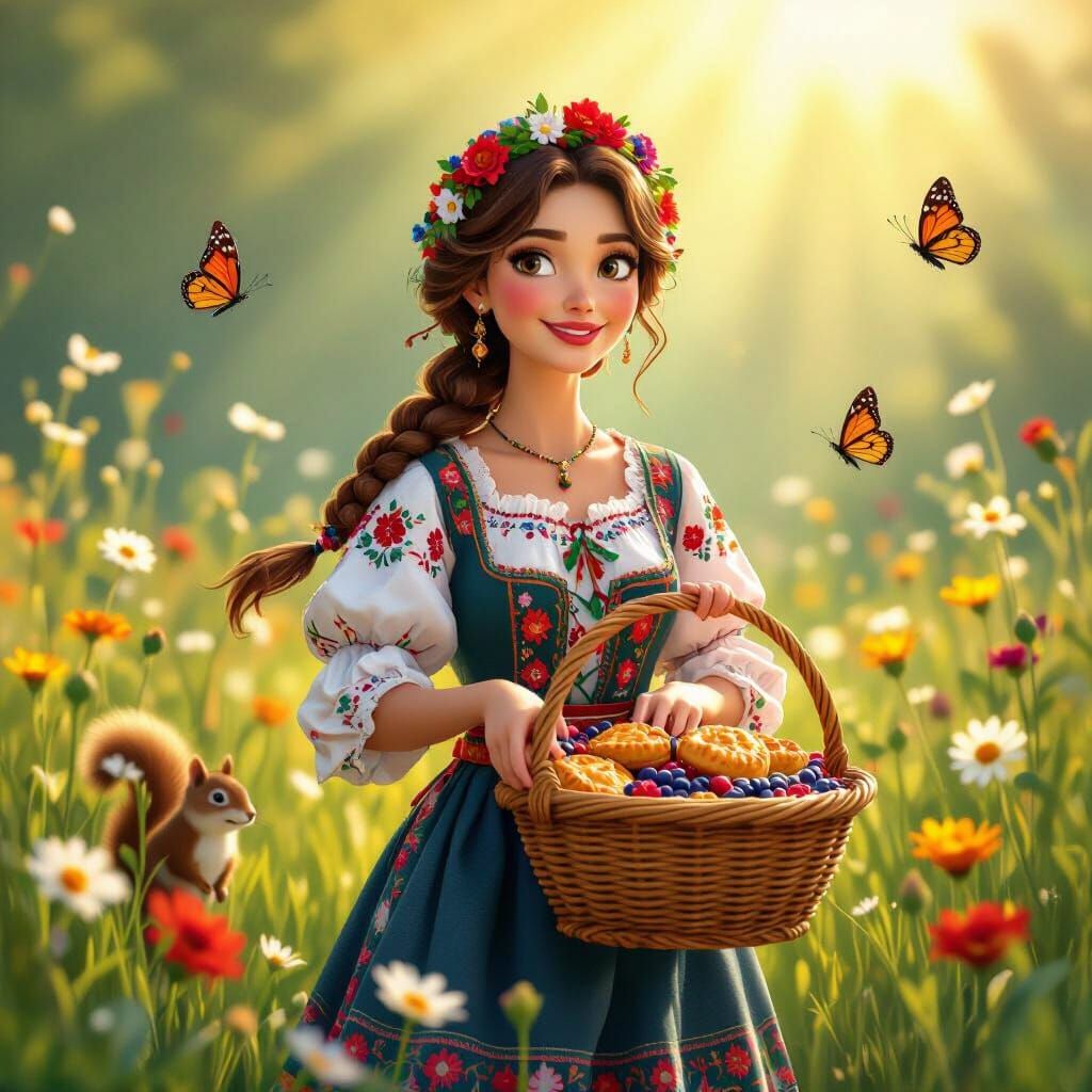 Ukrainian Woman with Basket, Vibrant 3D Digital Art