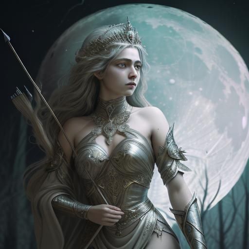 candid photo of detailed finely detailed beautifully noble Diana goddess of moon with the quiver of arrow across shoulde...
