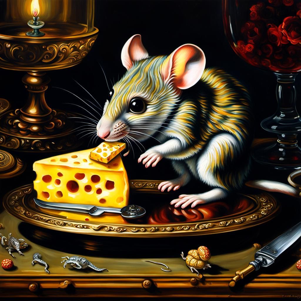 Glass Mouse Steals Cheese: Old Master Oil Painting