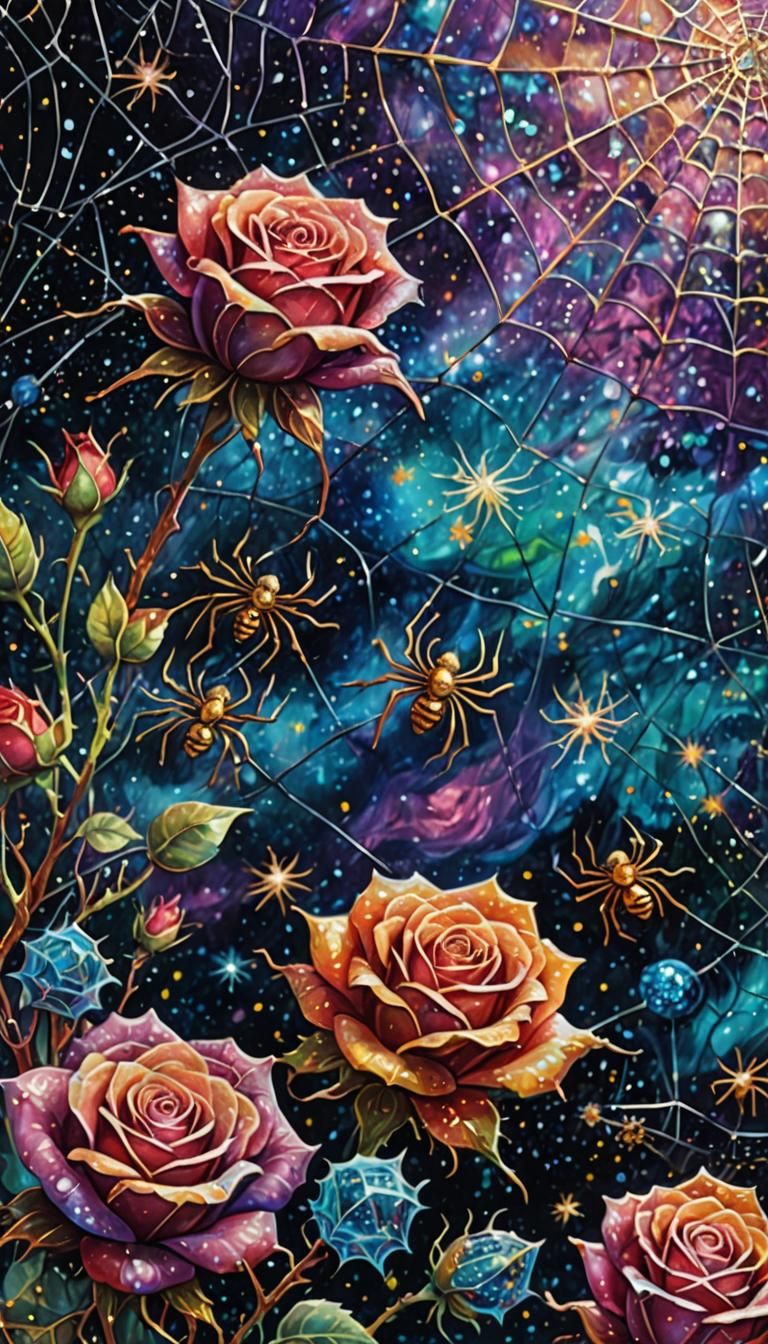 Cosmic Glitter Roses and Spider Web Illustration