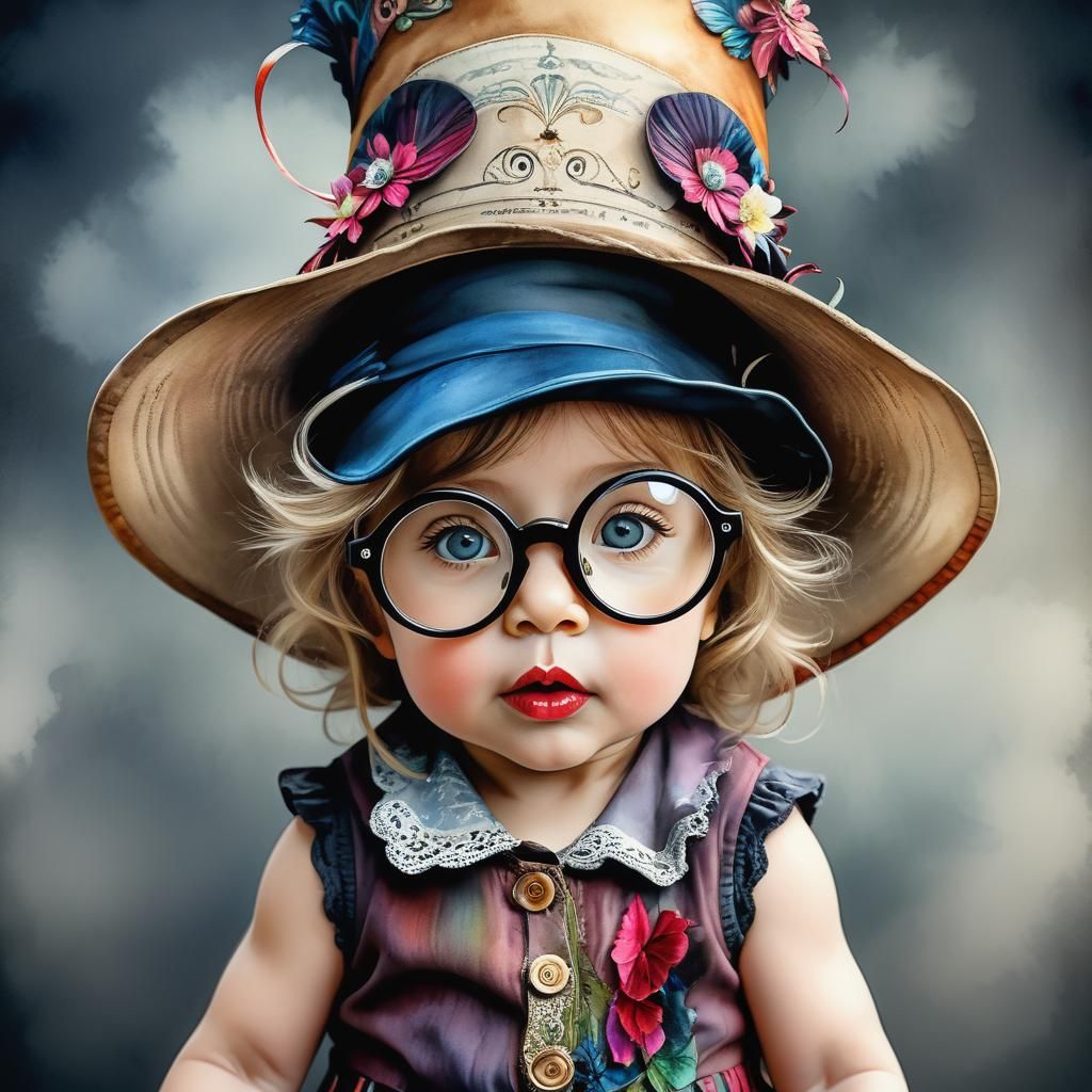 Toddler with Crazy Hat in Watercolor Style