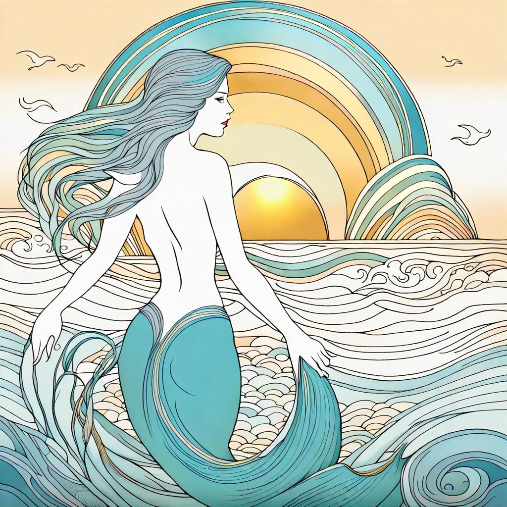 Mermaid Line Art with Aquamarine and Gold Tail