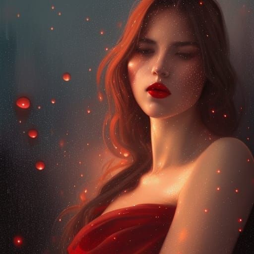 Woman with Ruby Lips and Starry Sky, Hyperdetailed Portrait