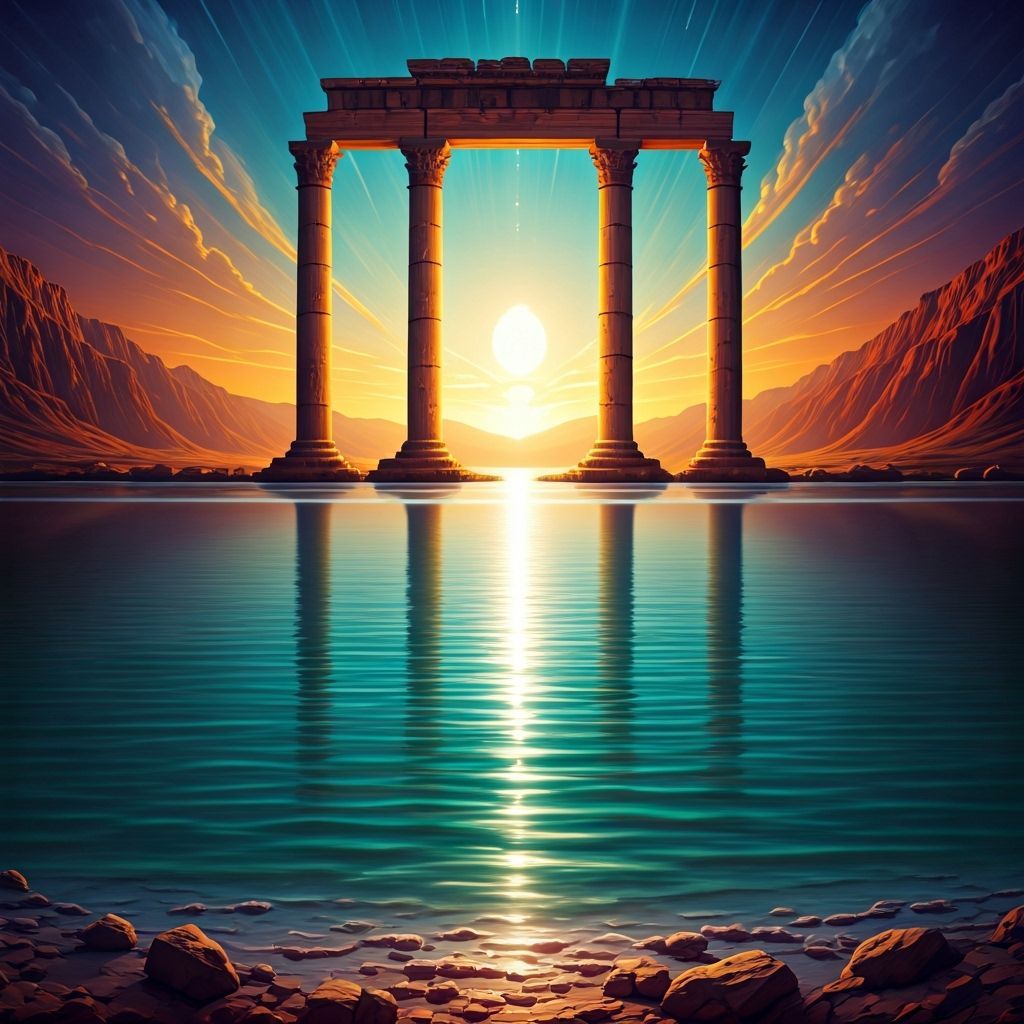Crystalline Dead Sea with Floating Ruins in Surreal Style