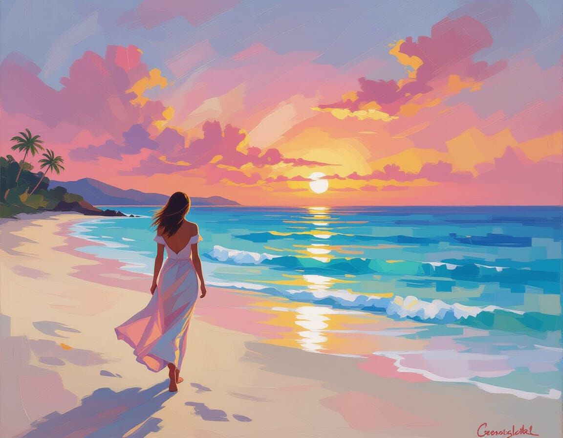 Caribbean Sunset Impressionism: Woman on Bioluminescent Beac...