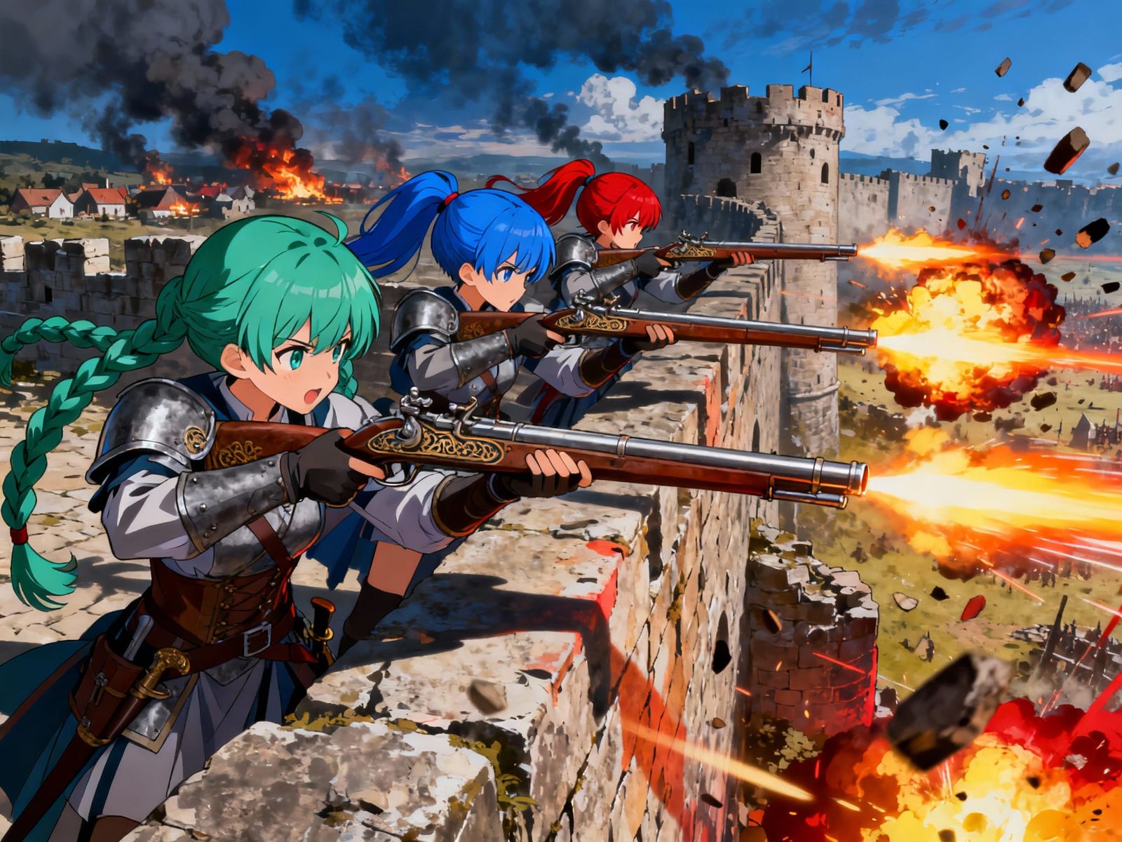 Knight Girls Battle on Castle Wall with Muskets in Anime Sty...