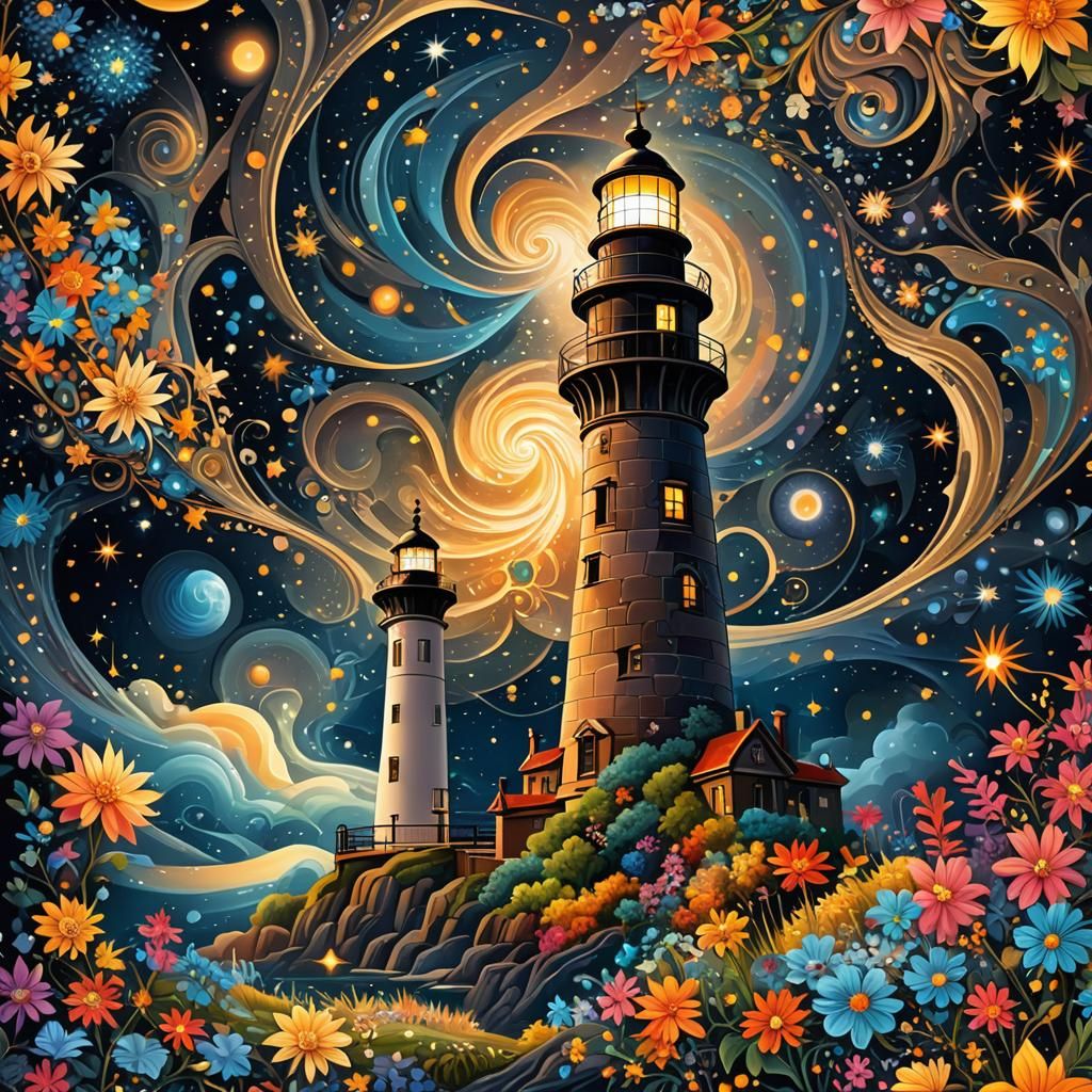 Lighthouse Amidst Cosmic Fractal Galaxy: Abstract Vector Art