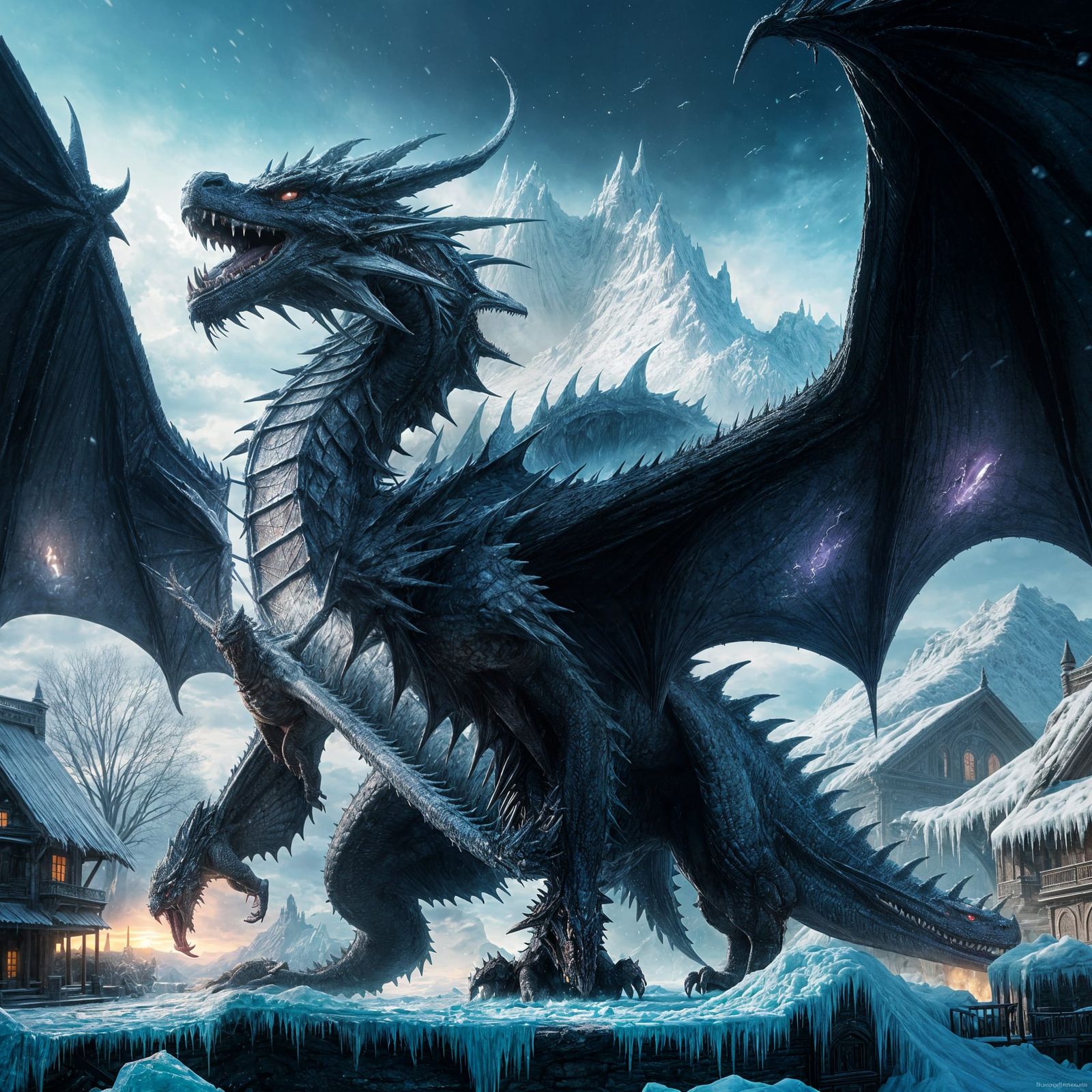 Epic Ice Dragon Breaching Winter Village, Hyperdetailed Art