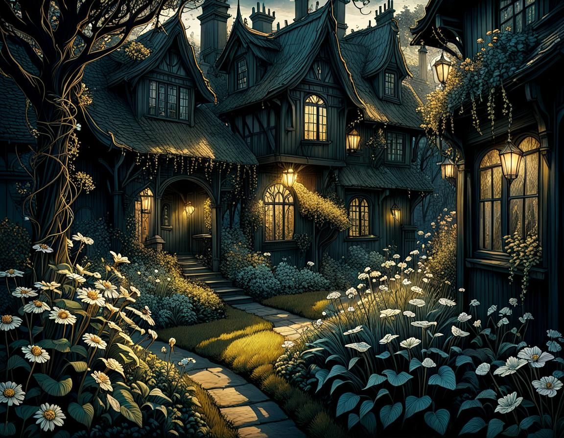 Sunlit Garden in Shadowy Backyard, Intricate Art Style