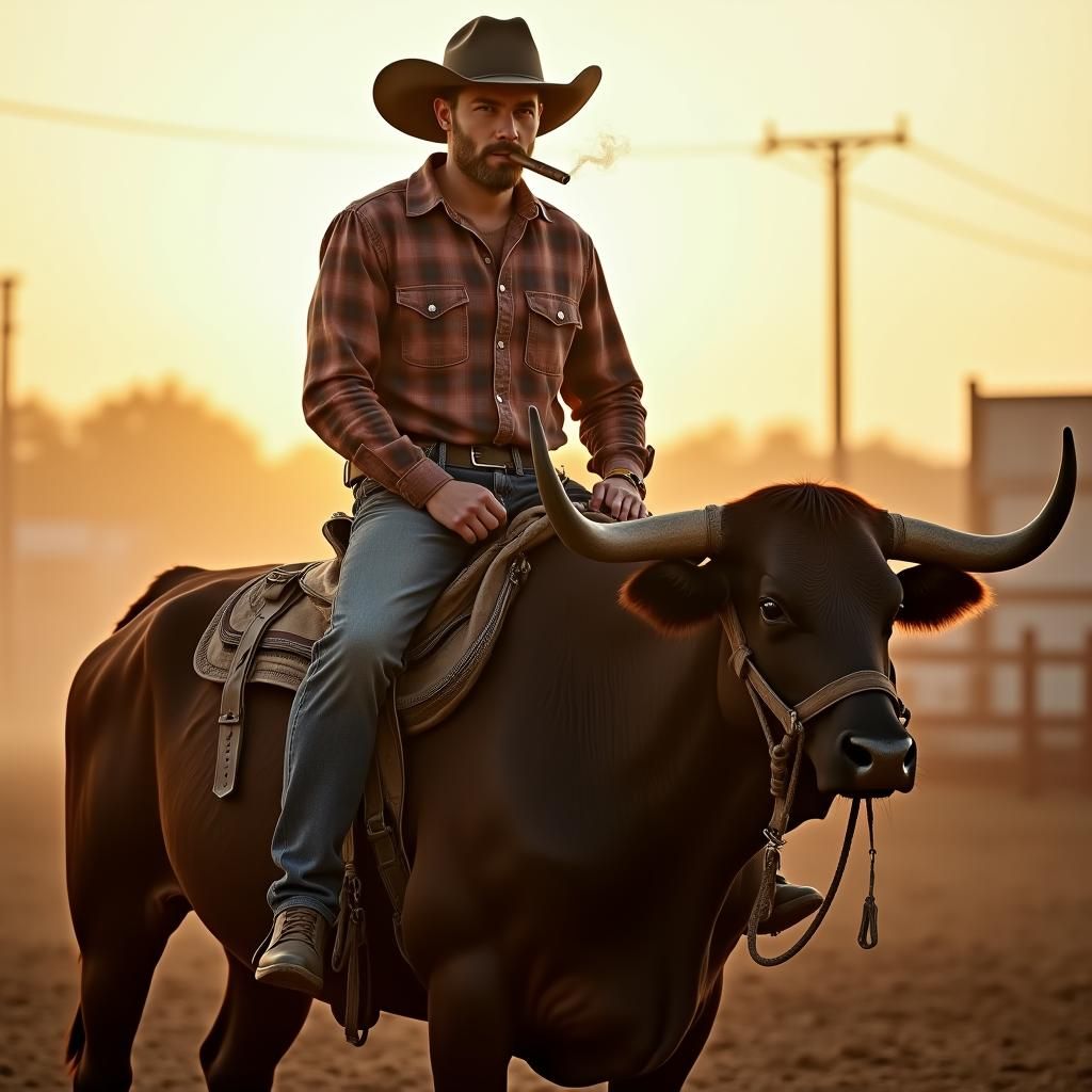 IT Specialist Rides Bull in Rodeo: Hyperrealistic Photo