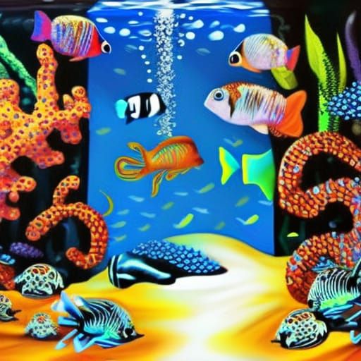 Polychromatic Tropical Fish Aquarium in Graffiti Art Style