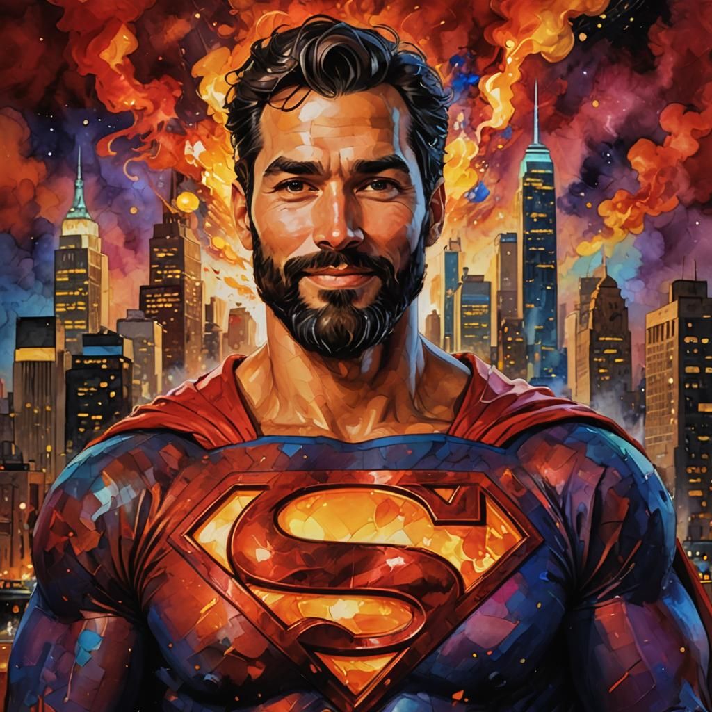 Smiling Superman in Fiery, Abstract Impressionist Style