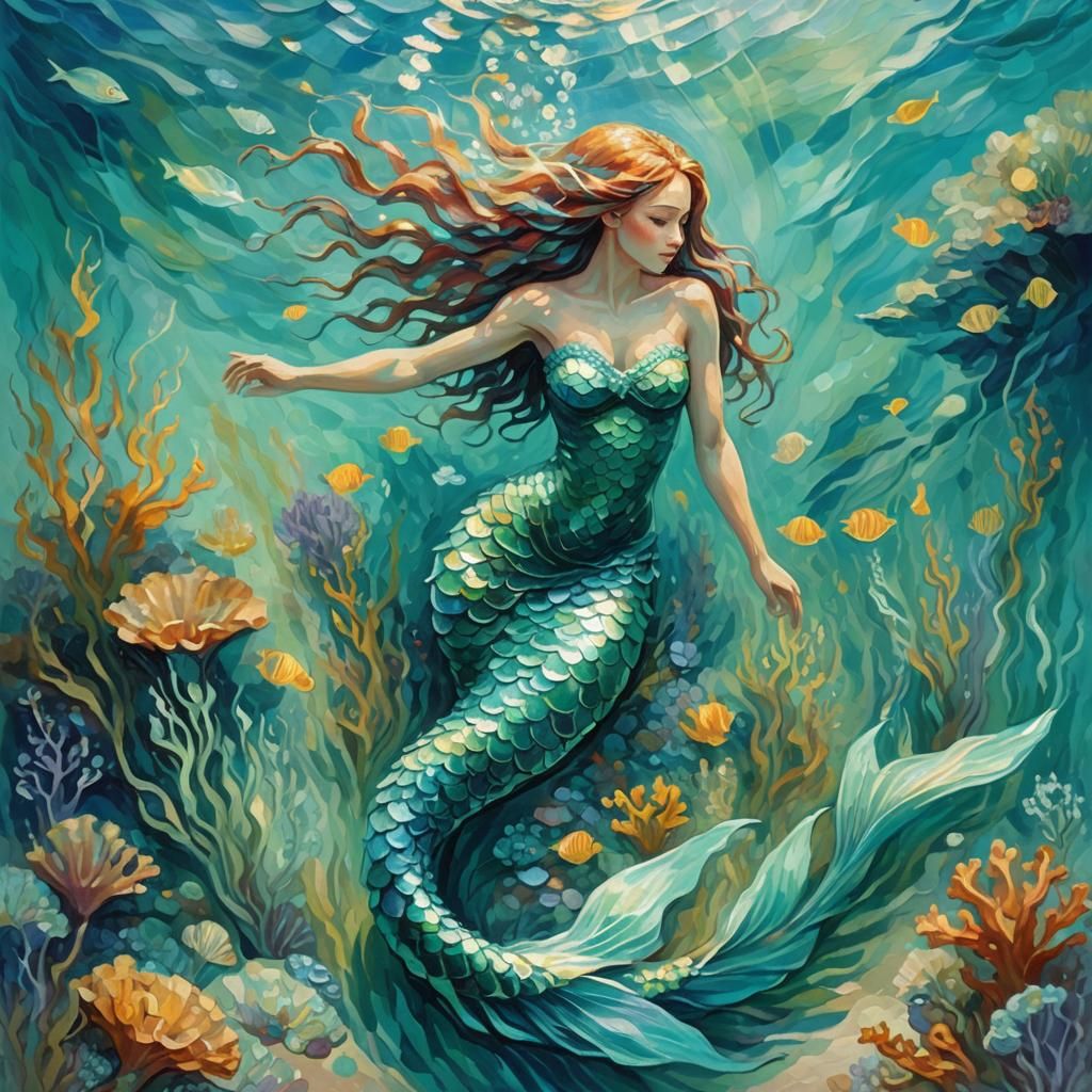 Serene Mermaid in Turquoise Waters, Impressionist Style