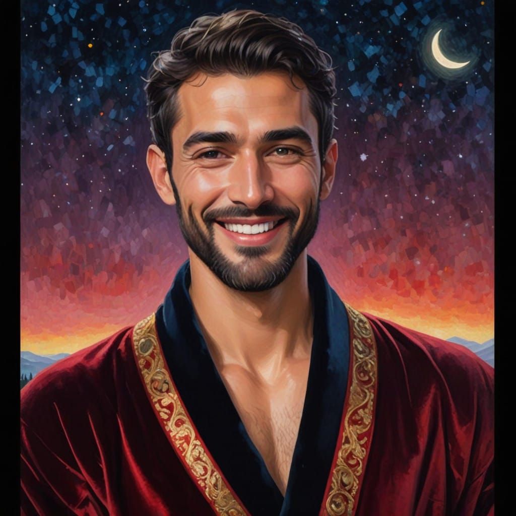 Elegant Young Man in Velvet Bathrobe, Winter Landscape