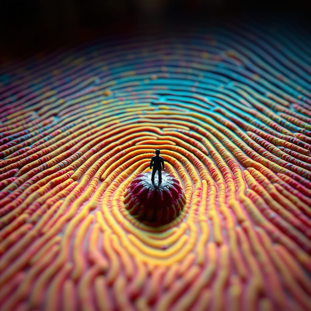 Miniature Figure Lost in a Fingerprint: Surreal Digital Art