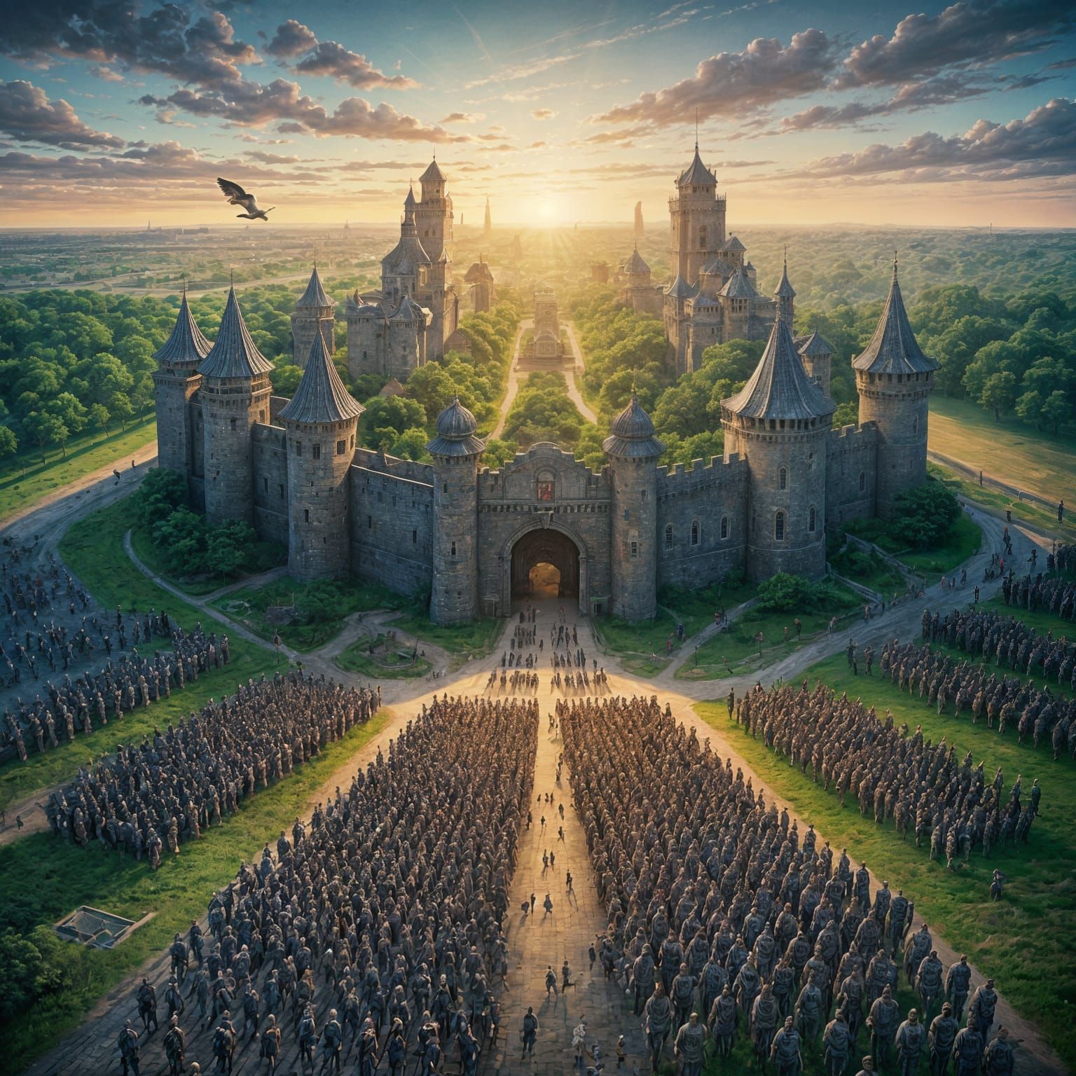 Bird's Eye View of Ancient Castle at Sunset