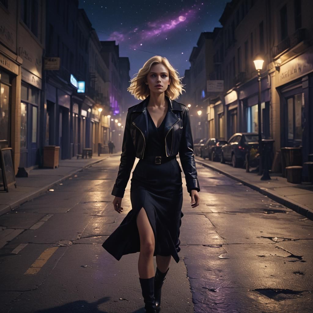 Blonde Woman in Black Dress on Deserted Street