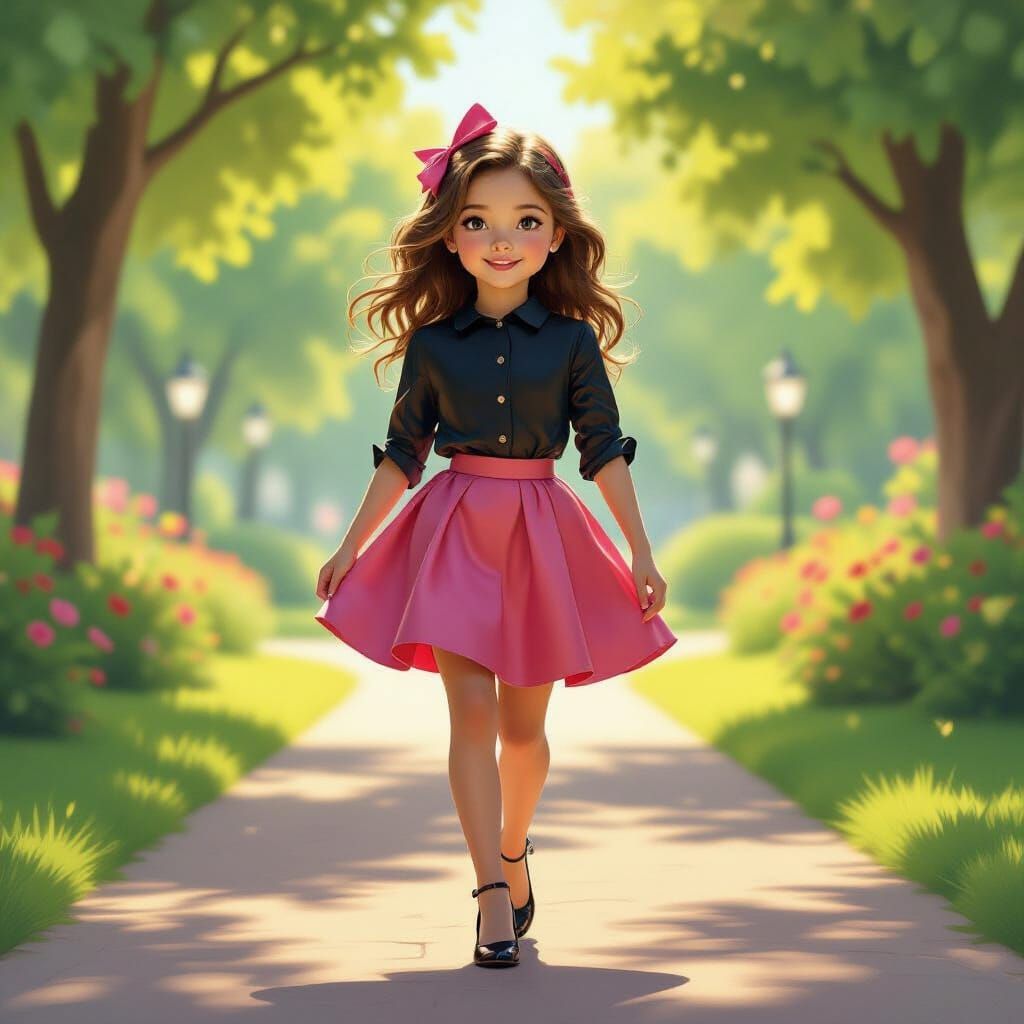 Girl in Pink Leather Skirt Walks Through Sunlit Park