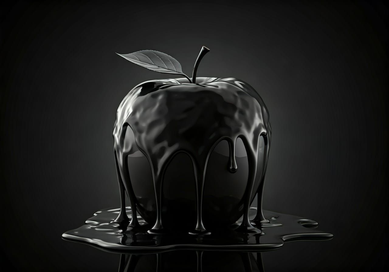 Viscous Black Liquid Drips Down Glossy Black Apple
