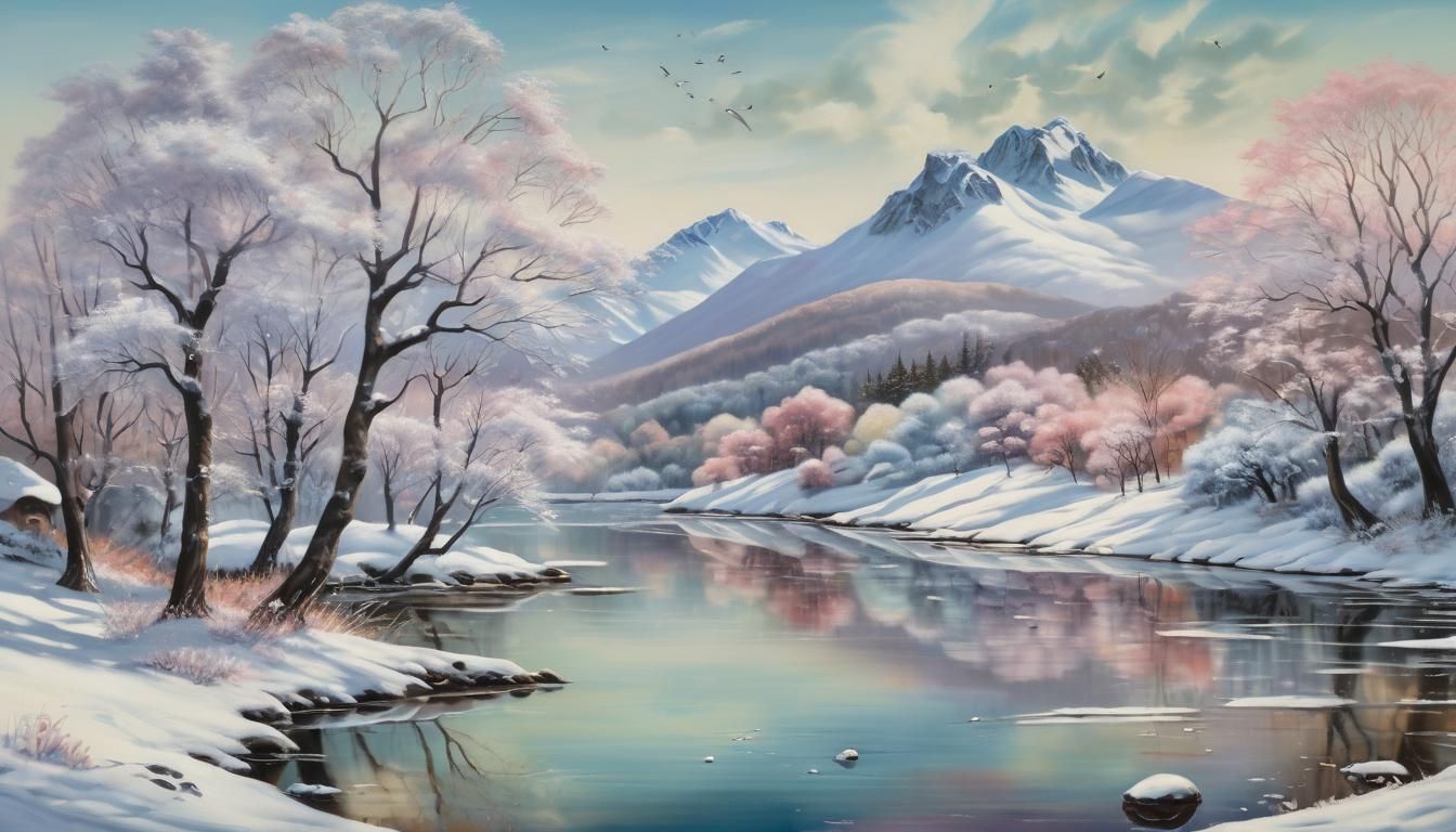 Surreal Winter Landscape with Transparent Lake and Snowy Tre...