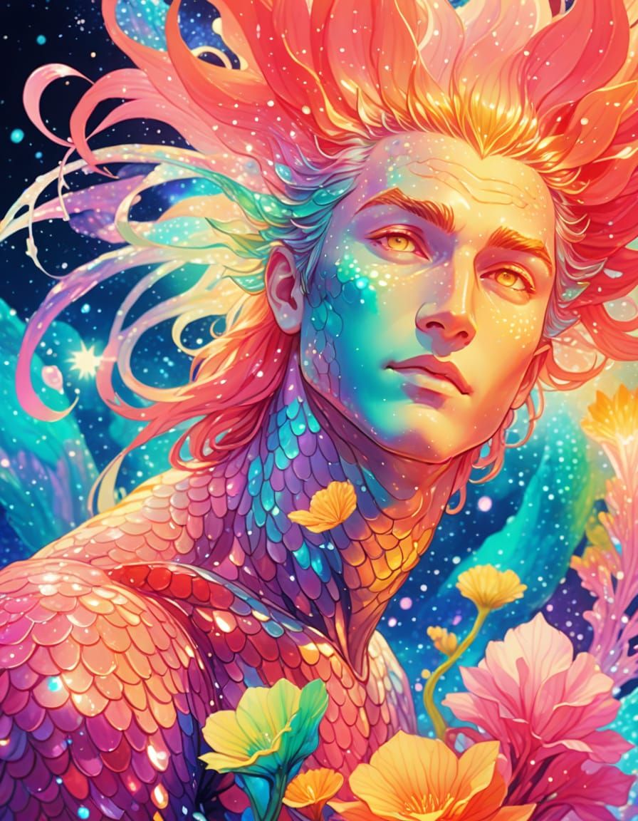 Manga Merman in Space with Bioluminescent Plants