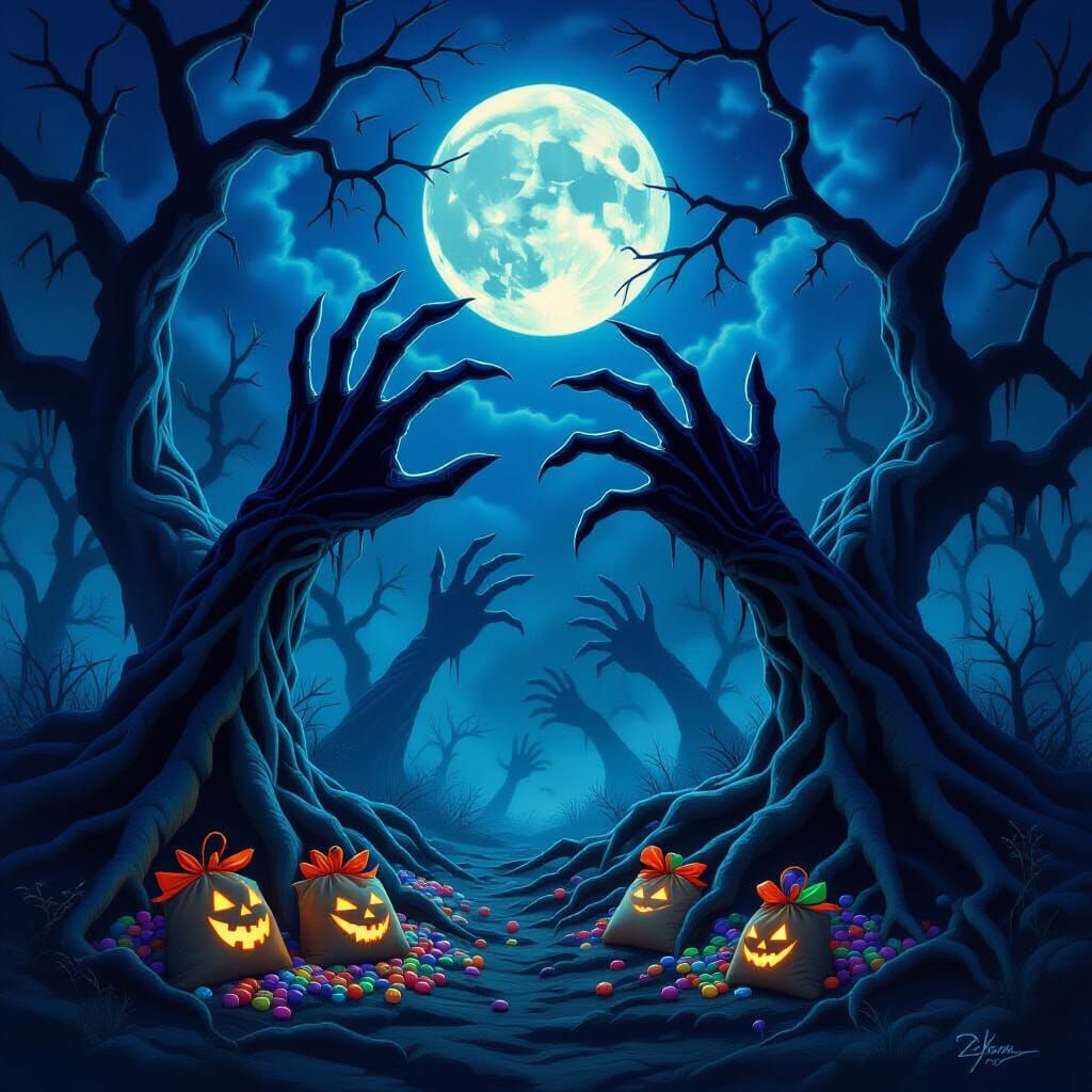 Surreal Halloween Night: Skeletal Trees and Glowing Candy