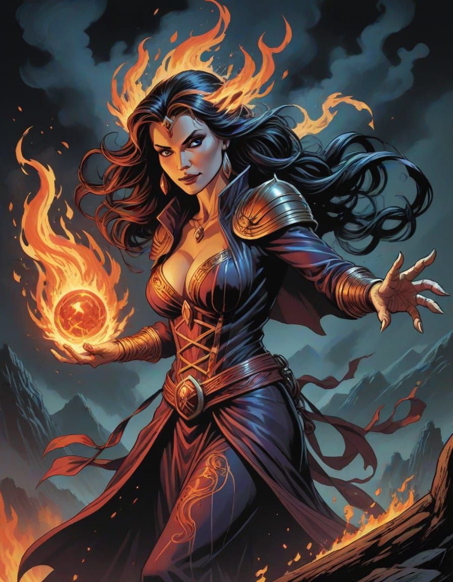 Ethereal Sorceress Enveloped in Blazing Flames