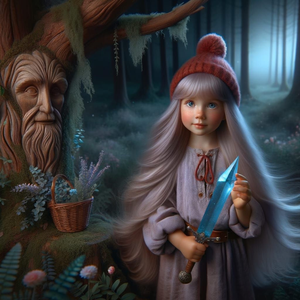 Enchanting Forest Scene With Girl Holding Crystal Sword
