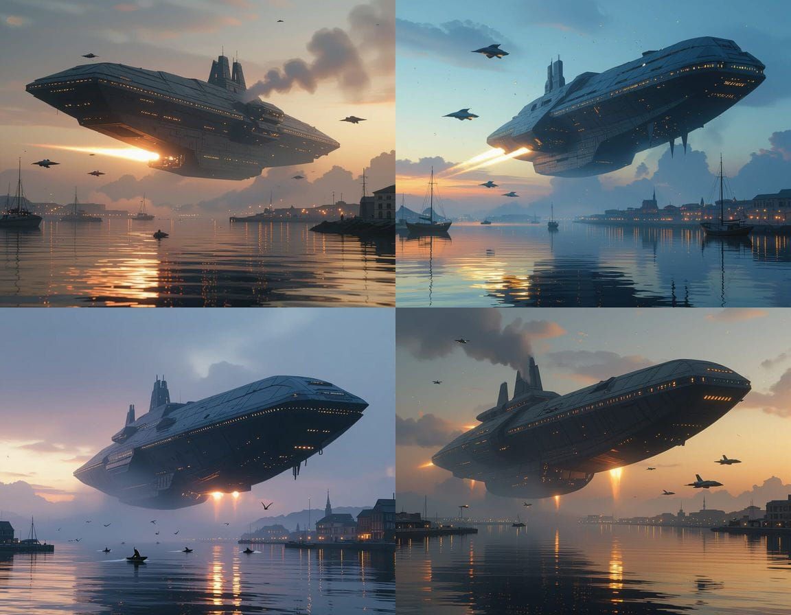 Massive Forerunner Ship Hovers Over Harbor at Dusk