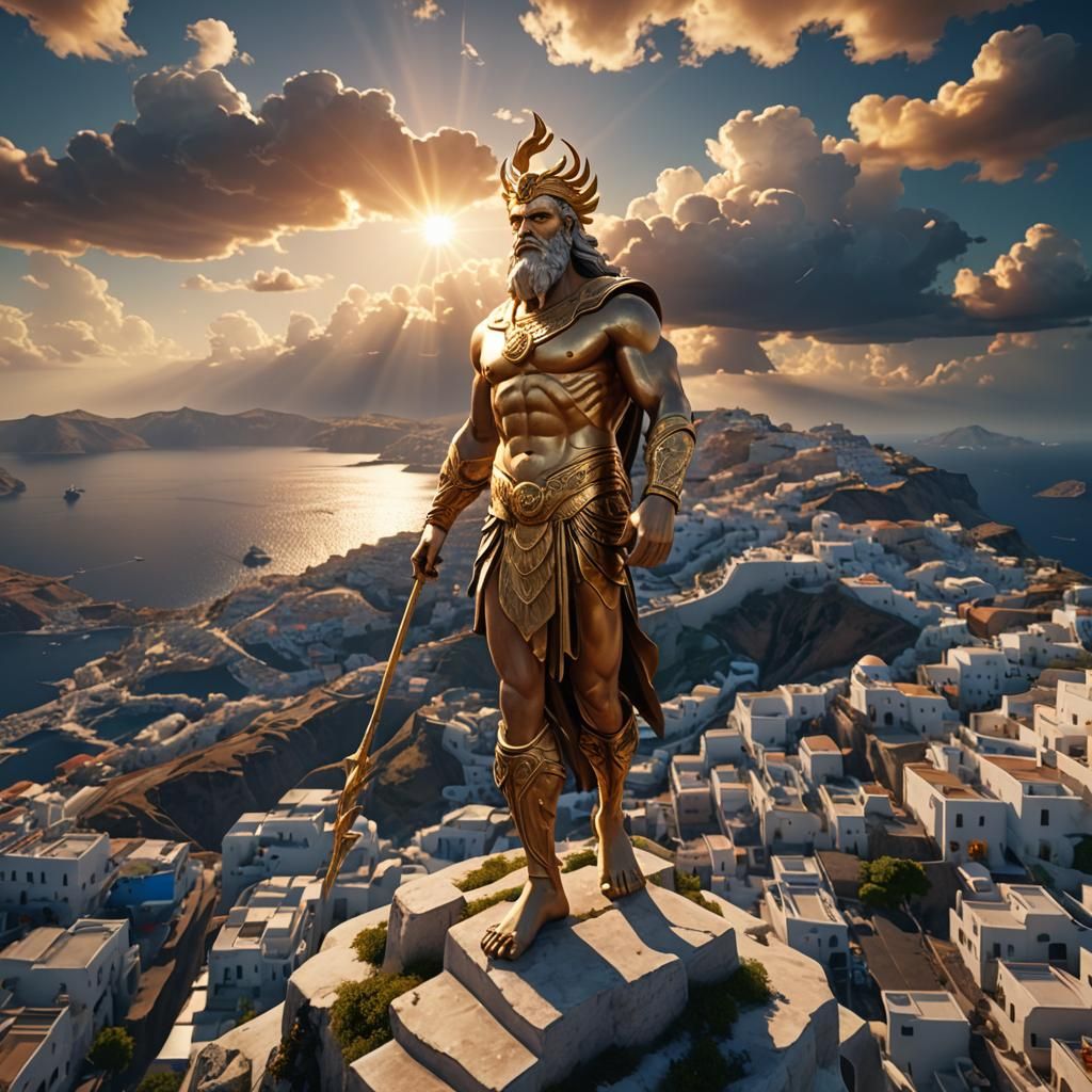 Zeus Over Santorini in Epic 3D Game Style