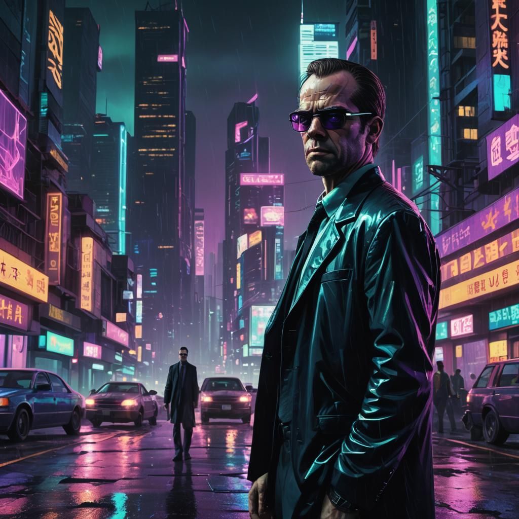 Agent Smith in Cyberpunk Cityscape