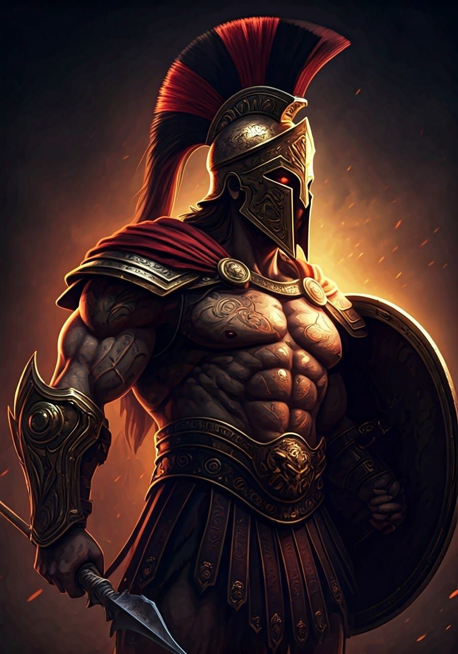 A Spartan warrior. Right side view. Shield in left hand. The warrior is muscled and carries his shield on his left side....