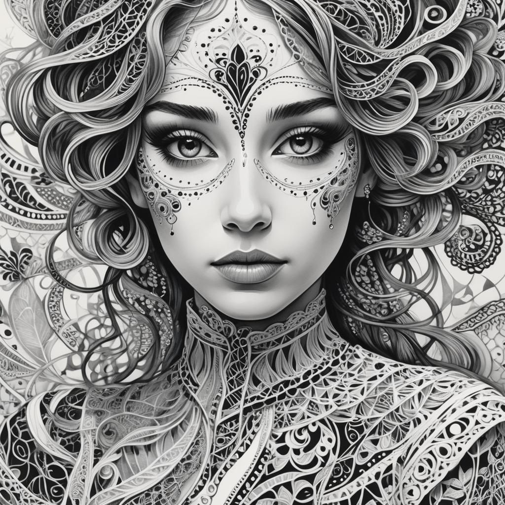 Intricate Zentangle Portrait of Woman in Black and White