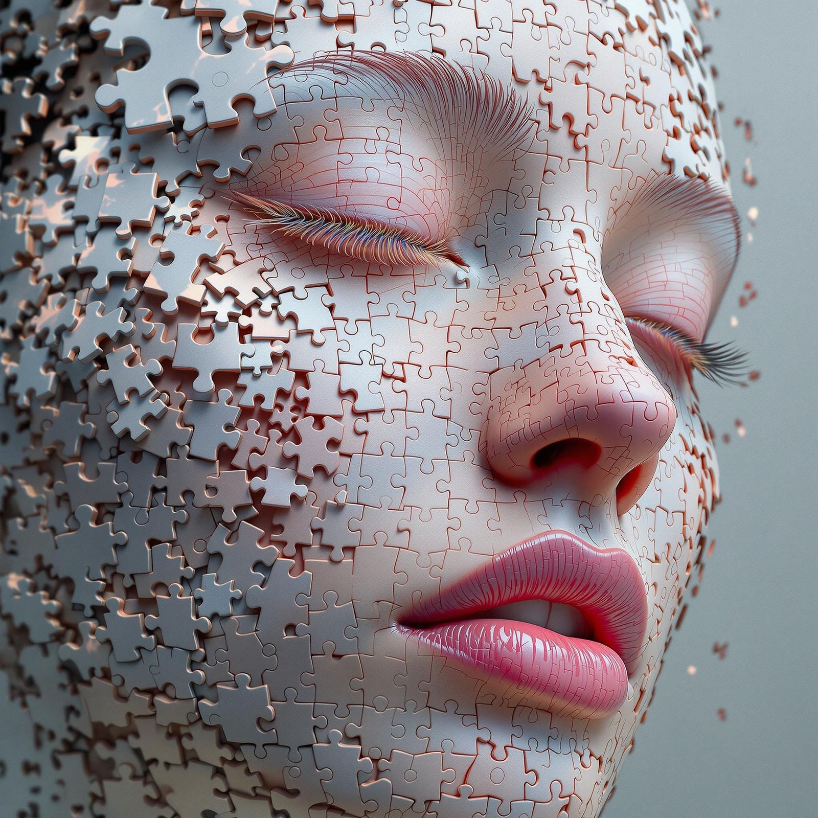 Surrealist Woman's Face Formed by Melting Jigsaw Puzzle Piec...