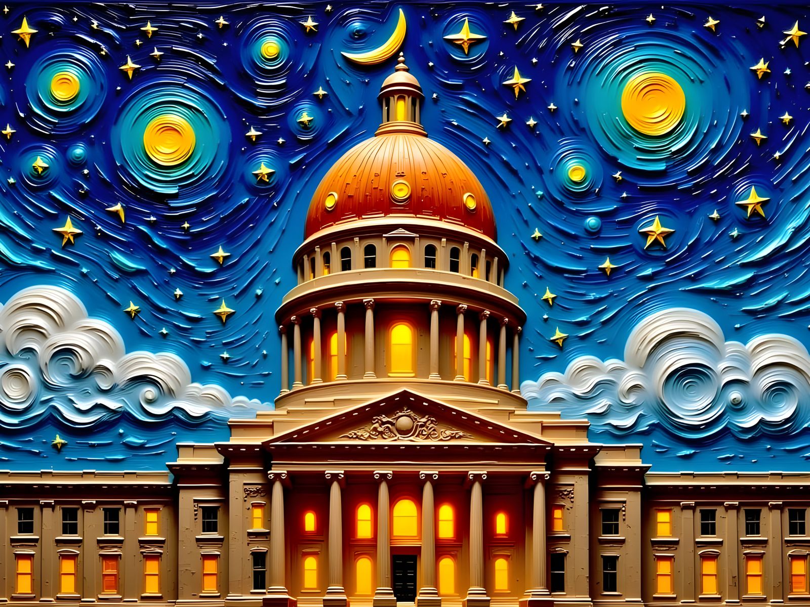Kansas Capitol with Starry Night Sky, Impasto Style